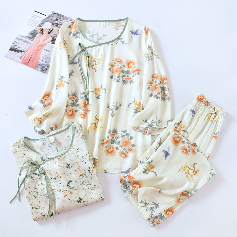 女士绵绸薄款家居服盘扣印花柔软