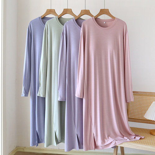 莫代尔长袖睡裙带胸垫简约家居服