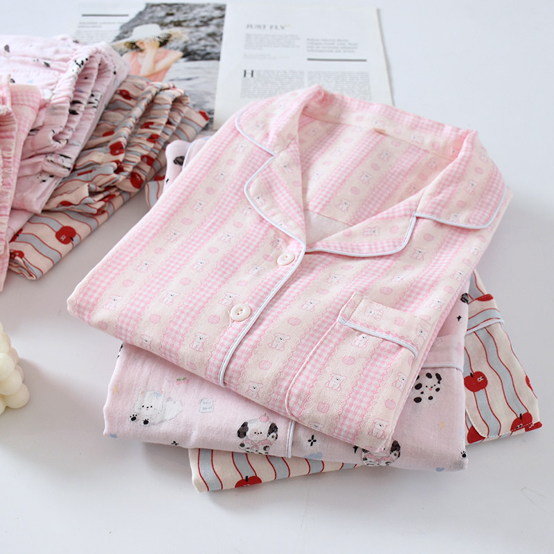 清新卡通双层纱布纯棉女士薄款家居服开衫长袖长裤100%棉睡衣套装,女士内衣/男士内衣/家居服,睡衣/家居服套装,淘宝优惠券,粉丝福利购,淘宝优惠卷