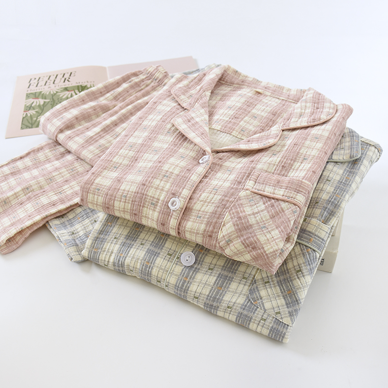 日系简约格子全棉睡衣长袖长裤薄