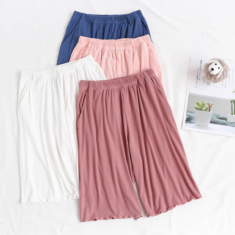 莫代尔睡裤女士五分裤甜美木耳边可外穿短裤大码沙滩裤薄款家居裤