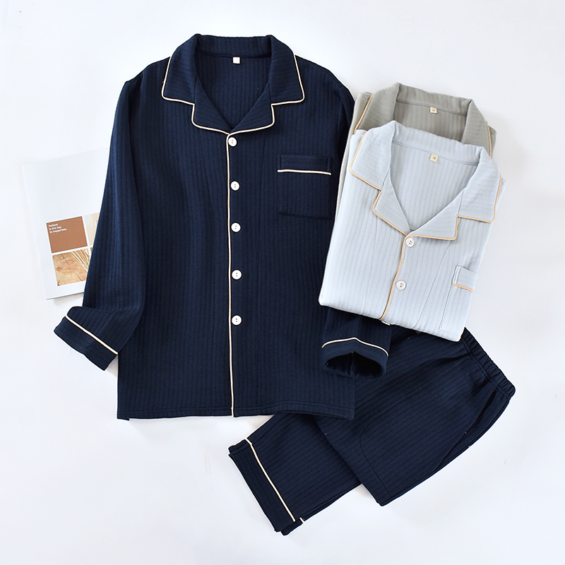 男士纯棉夹棉睡衣开衫长袖保暖厚