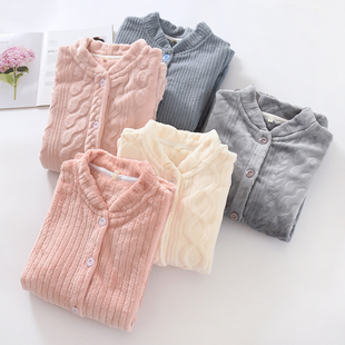 可外穿 珊瑚绒睡衣上装 法兰绒女士开衫 家居服纯色提花加厚无领长袖