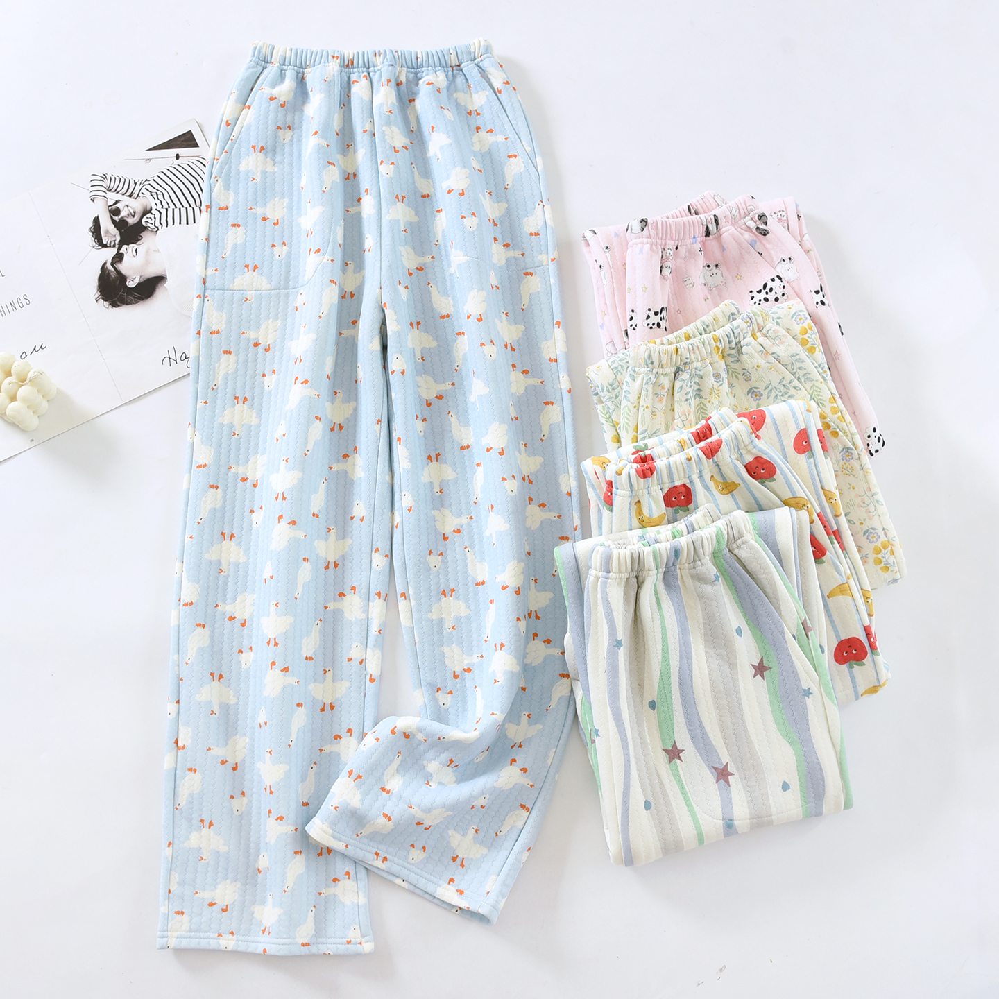 纯棉印花女士睡裤加厚三层夹棉宽松直筒居家长裤条纹可外穿家居裤