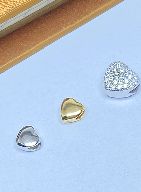 S925银满钻桃心黄金色爱心形吊坠diy手工串珠手链项链挂件材料