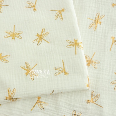半米价 双层棉纱布  烫金竹蜻蜓 绉布 睡衣 口水巾 家居服面料