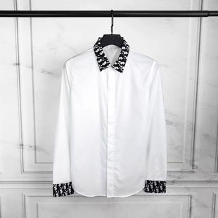 高端休闲商务长袖 欧美轻奢潮牌男士 时尚 衬衫 领子字母提花衬衣修身