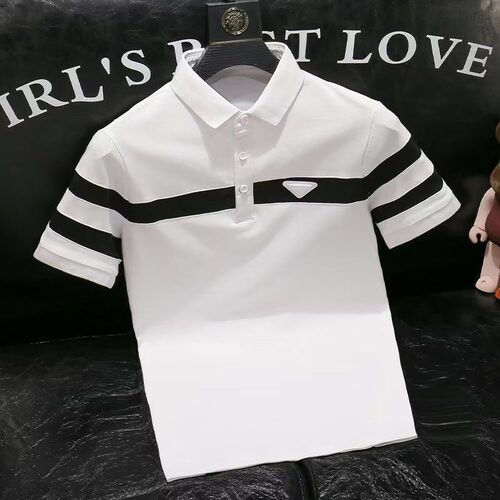 条纹修身半袖复古拼色翻领t恤