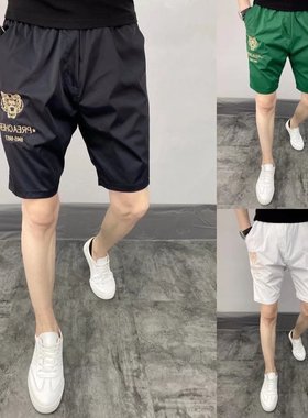 夏季冰丝短裤男精神小伙潮流休闲五分裤韩版修身中裤绿色沙滩裤潮