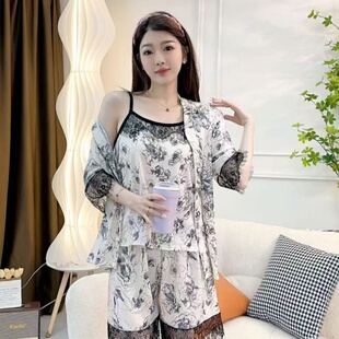 2025新款蔷薇花睡衣四件套冰丝水墨画款宽松可外穿女士家居服套装