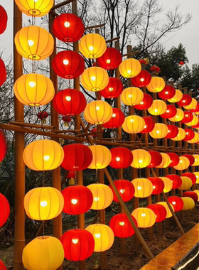 圆形灯笼新年黄色橙色橘色红色连串景区美陈装饰户外防水布艺灯笼
