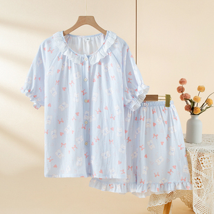 森格棉品几何图案夏季大码短袖睡衣碎花甜美长袖女套装薄款