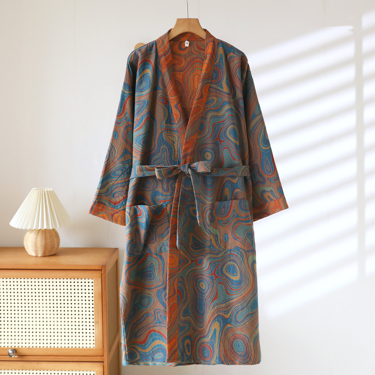色织纯棉睡袍男女日式睡衣和服浴袍双层棉纱家居服北欧复古风睡裙