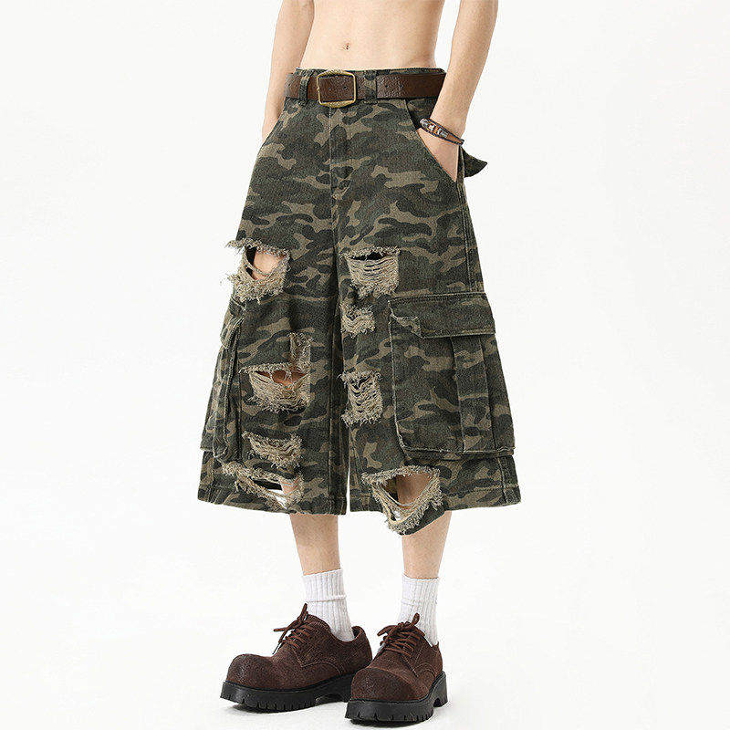 迷彩裤男破洞牛仔裤男式七分裤美式高街多口袋工装裤短裤男式休闲