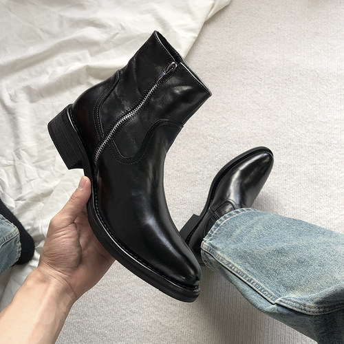 头层牛皮尖头切尔西靴男德比短靴