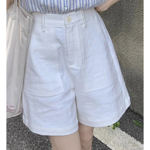 白色小众胖美眉高腰短裤女2023夏季冷淡系宽松慵懒风口袋直筒裤子