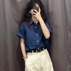 深蓝色短袖衬衫女夏2023新款休闲宽松慵懒风高级感漂亮别致小衫