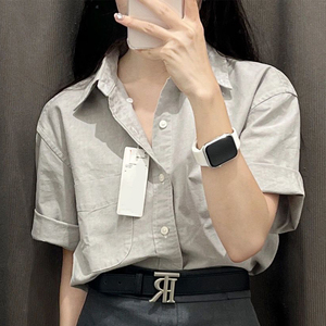日系灰色棉麻正肩短袖衬衫女夏小个子衬衣休闲polo衫亚麻别致上衣