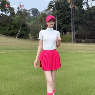 2025新款高尔夫女装套装镂空半高领防晒上衣短袖t恤服装百褶裙子
