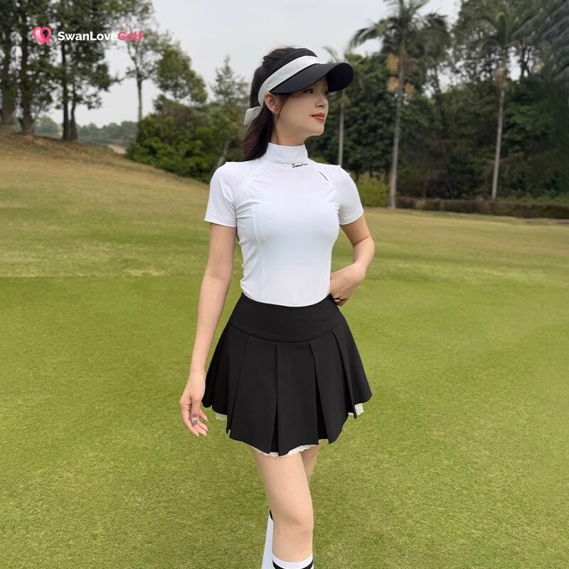 SG高尔夫女装套装春夏新款镂空半高领短袖t恤防晒上衣服装短裙子
