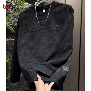 高级感扎染卫衣男士长袖t恤2025新款春秋冬季痞帅圆领打底衫男款