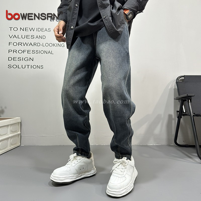 潮牌复古牛仔裤男士2025新款春秋冬季加绒松紧腰男裤哈伦裤子男款