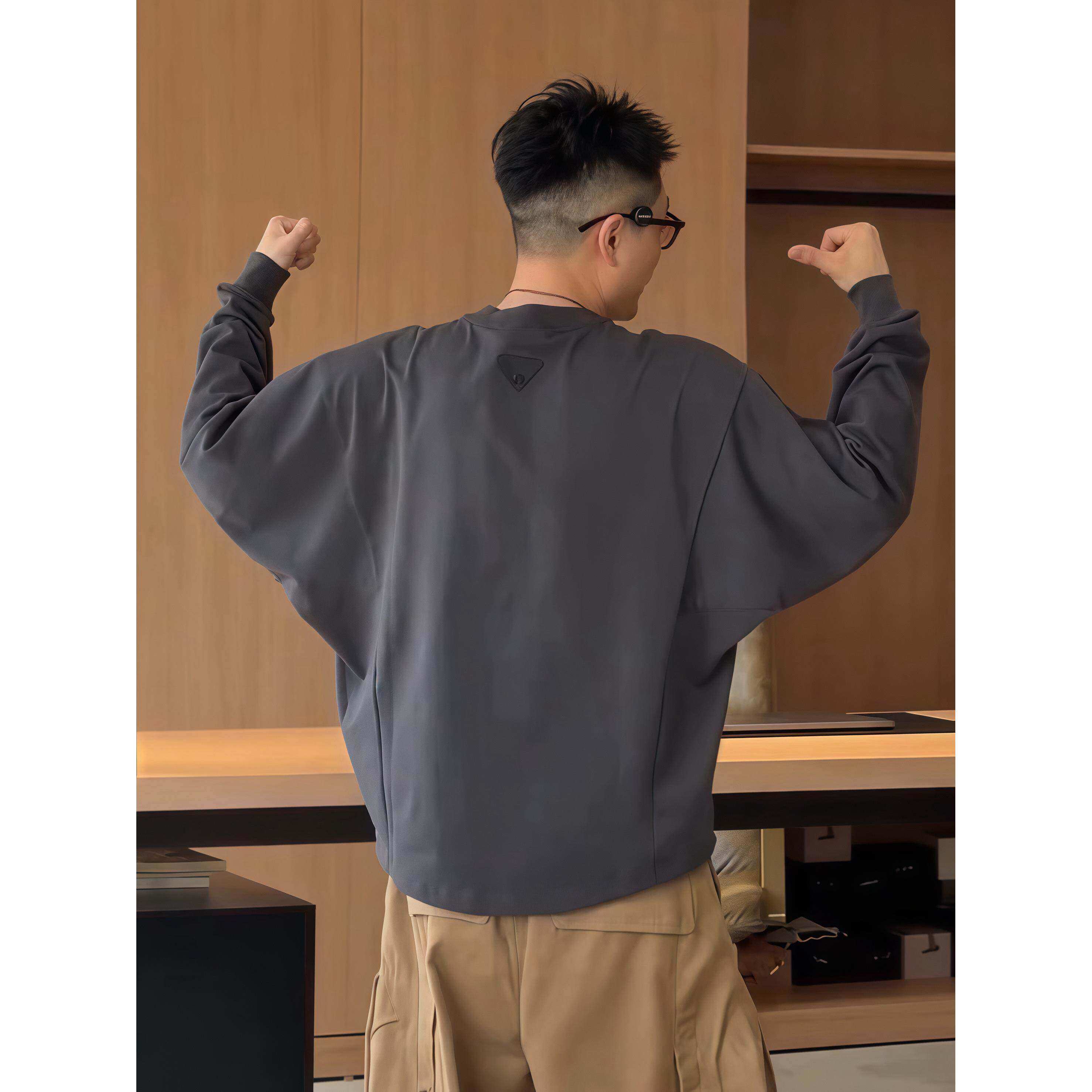 纯色圆领卫衣男秋季美式潮牌宽松重磅蝙蝠袖长袖T恤百搭休闲上衣