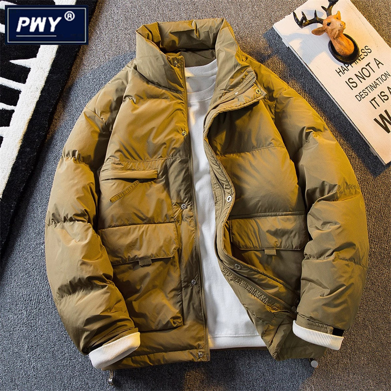 潮牌美式复古工装羽绒服男士冬季2025新款无帽立领白鸭绒保暖外套