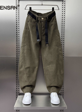 军绿色条绒弯刀裤男士2025新款春秋冬季男裤加绒加厚休闲裤子男款