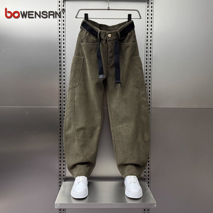 军绿色条绒弯刀裤男士2025新款春秋冬季男裤加绒加厚休闲裤子男款