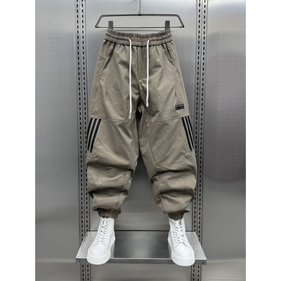 潮牌高端条纹拼接工装休闲裤男春秋季2025新款宽松束脚痞帅哈伦裤