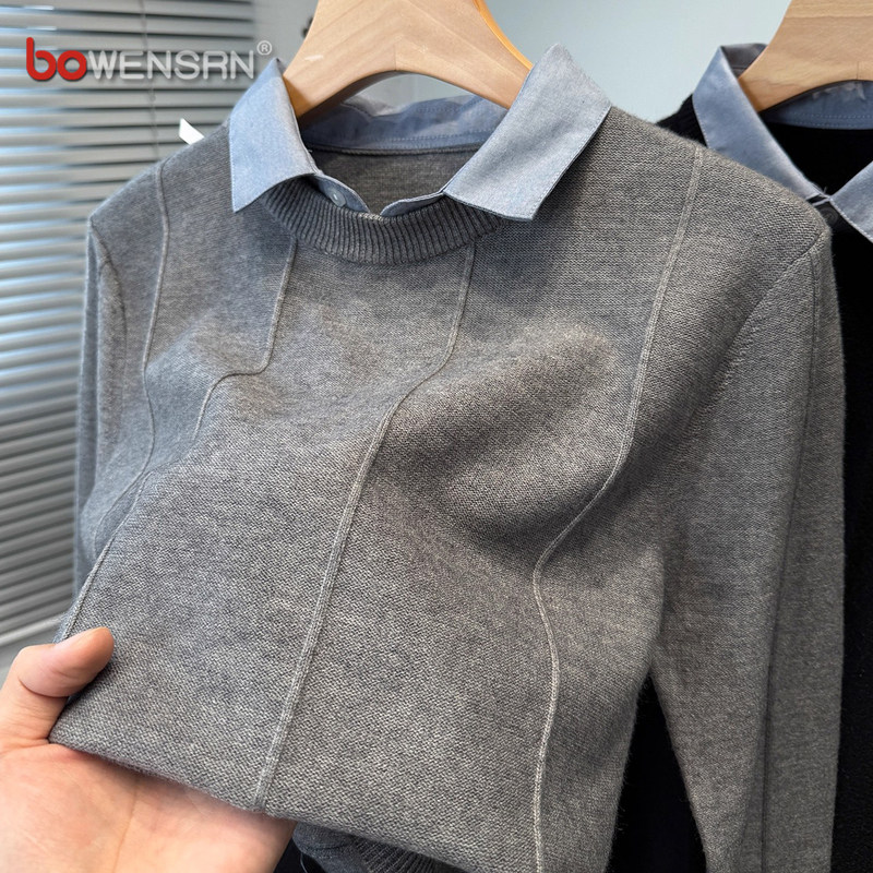 潮牌假两件衬衫领针织衫男士2025新款秋冬季爆款商务打底毛衣男款