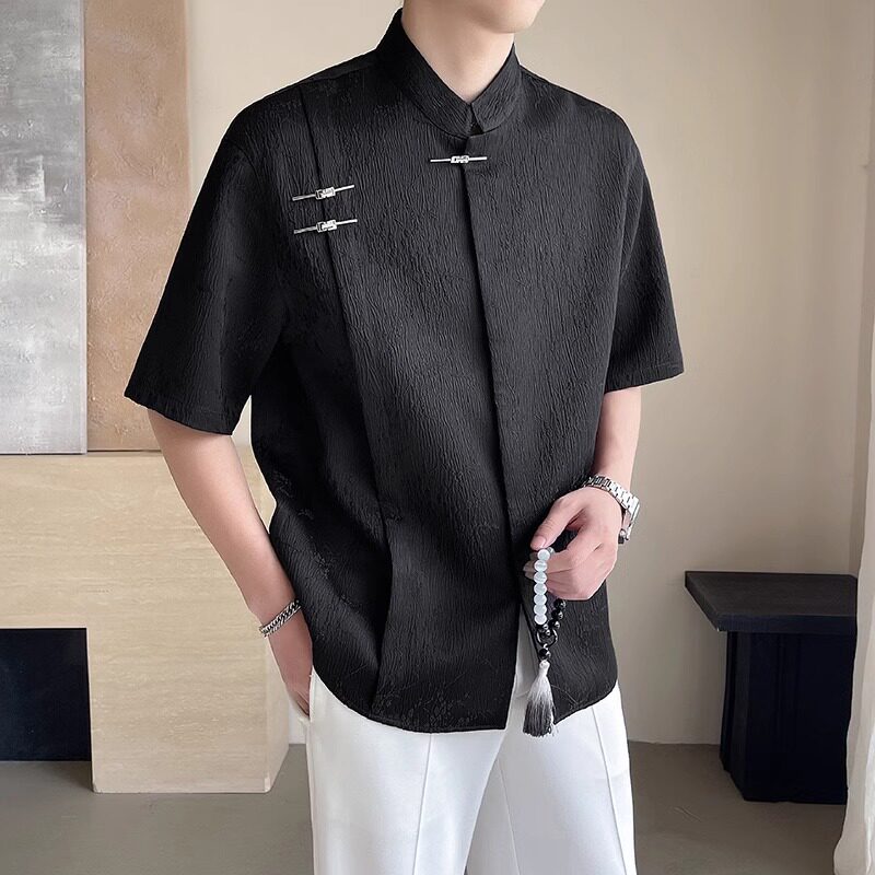 新中式男装短袖衬衫男士2026新款夏季盘扣国风立领订婚衬衣服男款