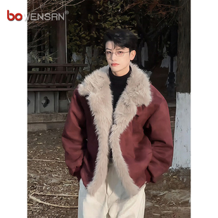 座山雕皮毛一体棉服男士外套2025新款冬季高级感痞帅加绒夹克男款