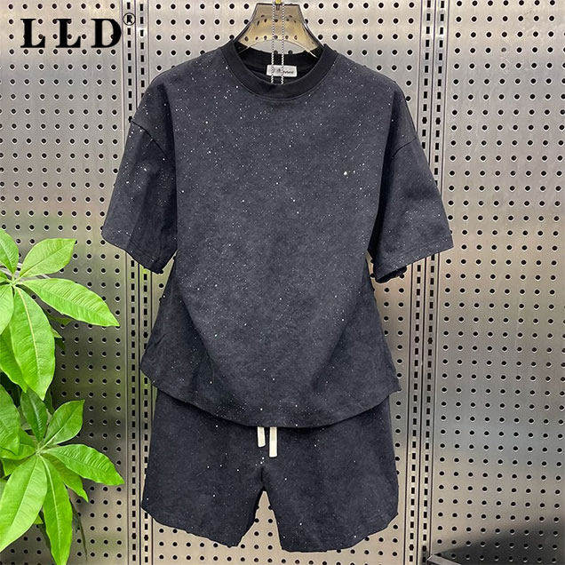 满天星运动休闲套装男士夏季薄款潮牌宽松圆领短袖T恤短裤两件套