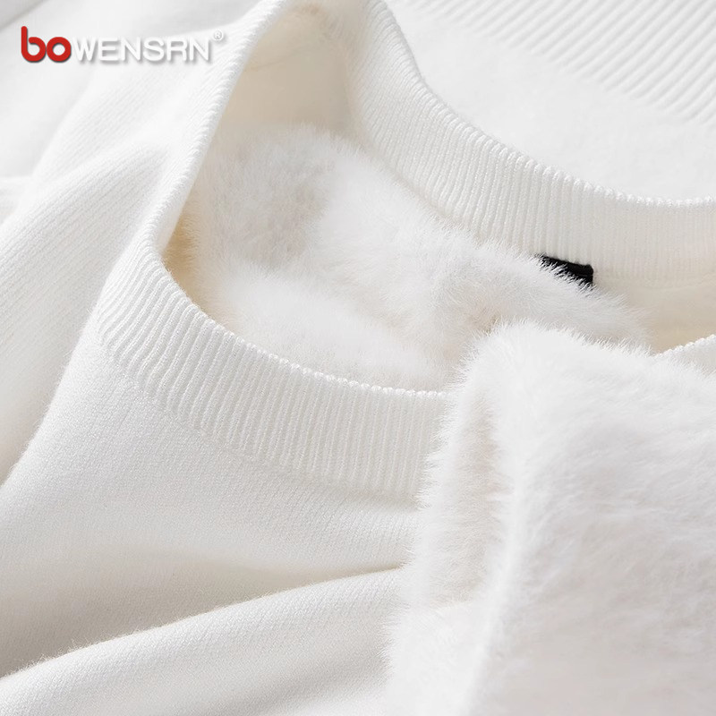 高端一体绒白色毛衣男士2025新款冬季加厚保暖圆领打底针织衫男款