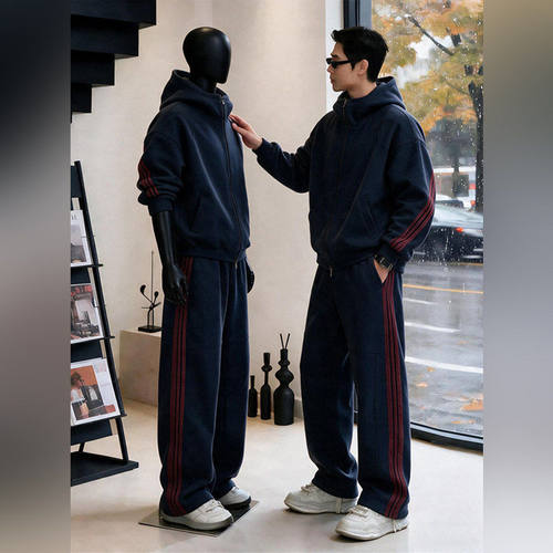 潮牌轻奢休闲运动套装男2026秋季新款拼接结构条纹外套卫裤两件套