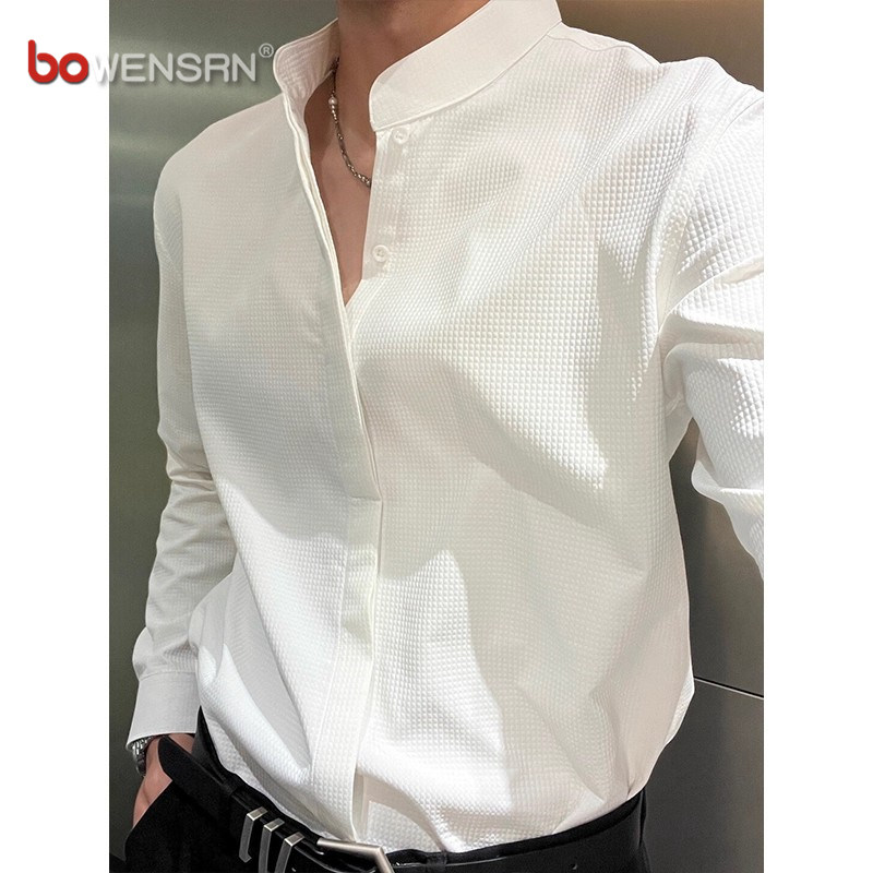 新中式白色立领衬衫男士2025新款春秋季高级感修身长袖衬衣男款潮