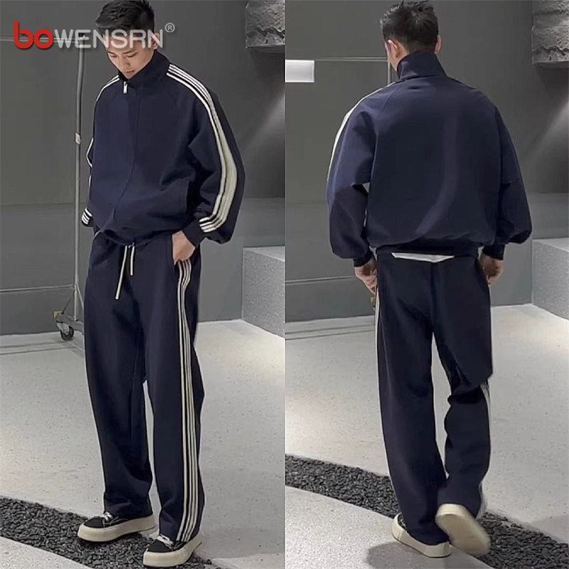 高端条纹休闲运动套装男士2025新款春秋冬季外套卫裤男装搭配一套