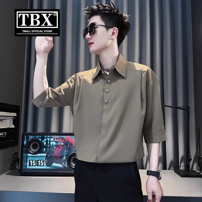 高端冰丝短袖衬衫男士2025新款夏季薄款高级感七分中袖衬衣服男款