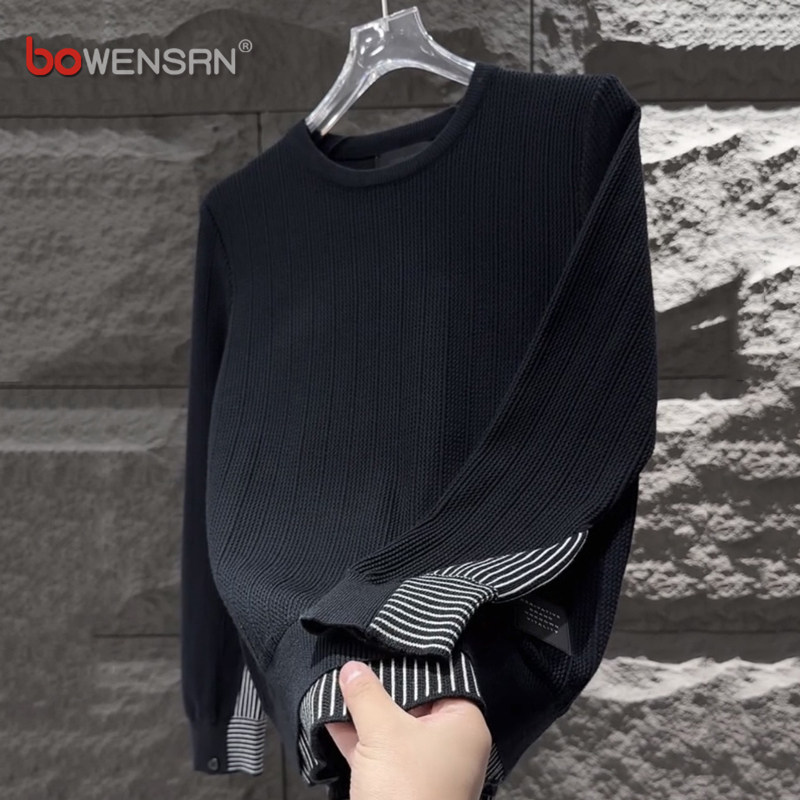 高端假两件毛衣男士2025新款秋冬季高级感拼接条纹针织打底衫男款