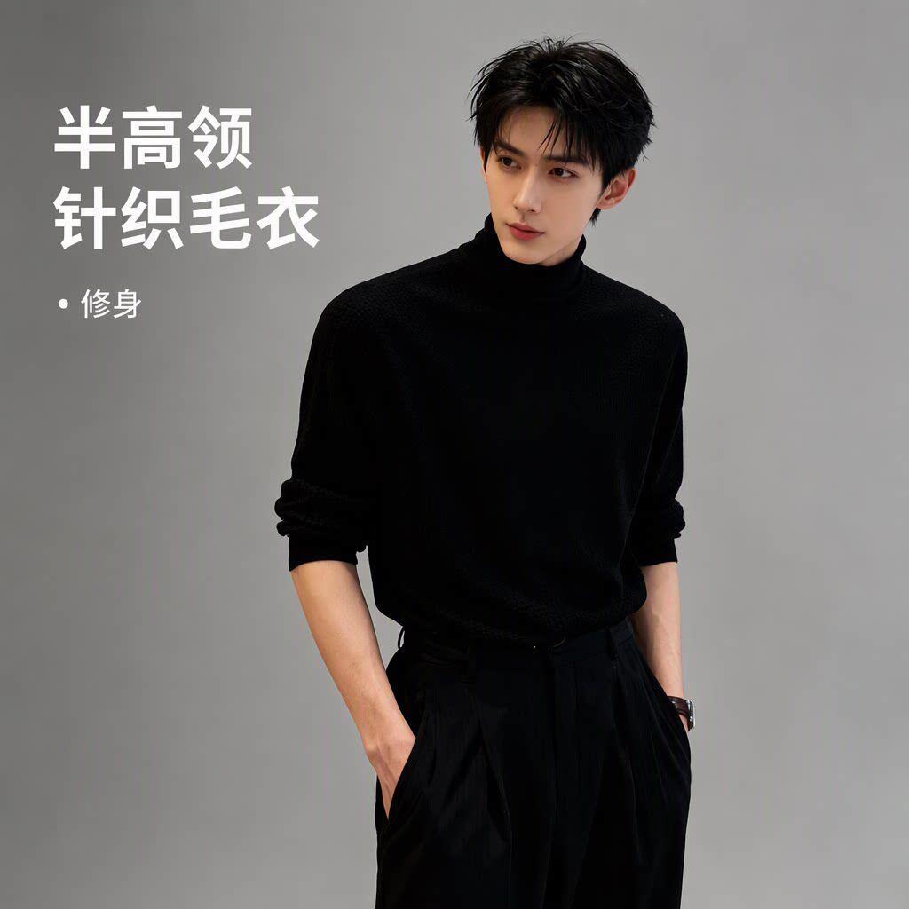 Uamtor黑色半高领针织毛衣男秋冬季高级感内搭打底衫韩系修身纯色
