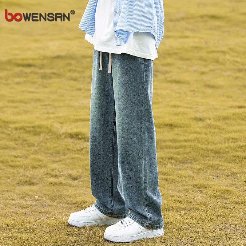 潮牌牛仔裤男士2025新款春秋冬季加绒松紧腰男裤直筒阔腿裤子男款