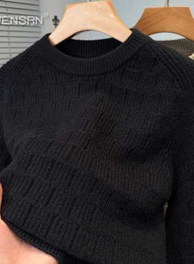 高端黑色针织衫男士毛衣2025新款秋冬季加厚圆领修身收腰线衣男款