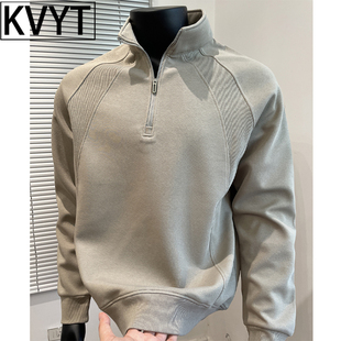 潮牌美式重磅男士卫衣2025年秋冬季新款半拉链立领上衣男长袖T恤