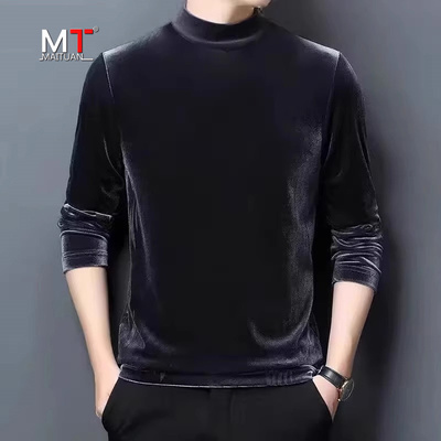 高端金丝绒卫衣男士秋冬季2025新款加绒长袖T恤半高领打底衫男款