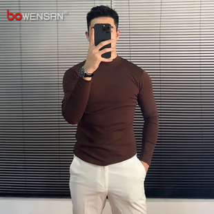 成熟稳重咖色半高领打底衫男士2025新款春秋冬季内搭长袖t恤男款
