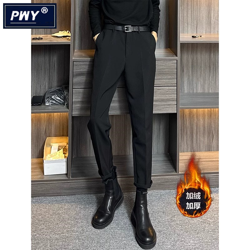 潮牌高端西装裤男士秋冬款垂感高级感西裤黑色痞帅加绒加厚休闲裤
