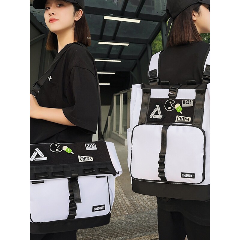 法国原创多功能斜挎包女个性潮酷双肩包男书包两用通勤电脑邮差包