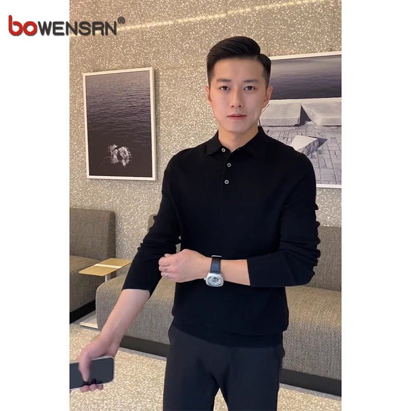 高端针织polo衫男士长袖t恤2025新款春秋冬季成熟稳重打底衫男款